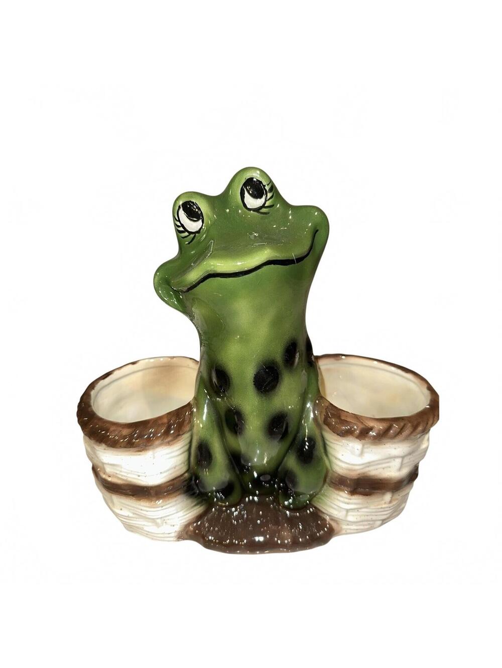 Vintage 9" Handmade Majolica Ceramic Kitsch Frog Double Planter Pot Basket Retro